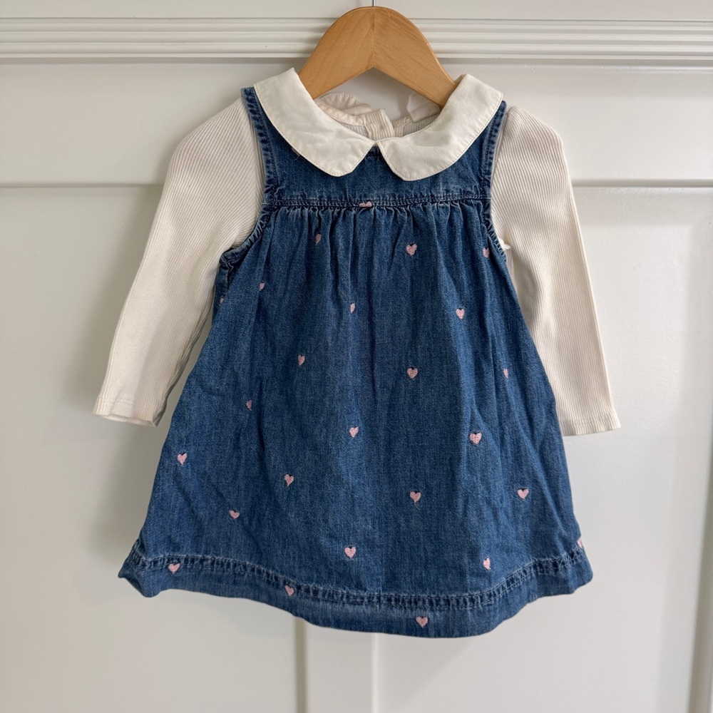 Gap Blue Denim Heart Embroidered Jumper and Peter Pan Onesie - 12-18 m